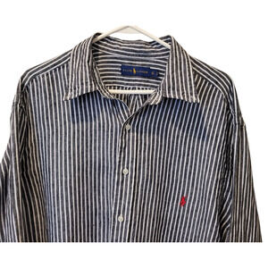 Ralph Lauren Mens Linen Striped Collar Button Down Long Sleeve Shirt XLT Preppy